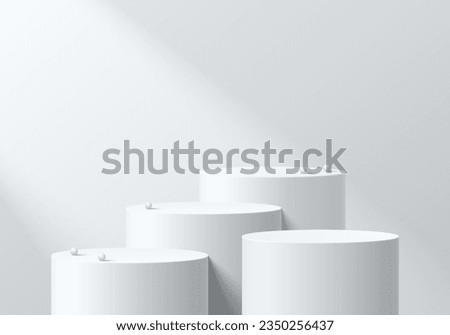 Set of abstract 3D white cylinder pedestal podium background with sphere ball or beads. Mockup product display presentation. Minimal wall scene. Stage showcase. Platforms vector geometric design.