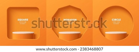 Set of realistic 3d white orange cylinder podium pedestal in square, nonagon and circle window wall scene. Abstract studio room. Pastel minimal scene products stage showcase, Banner promotion display.