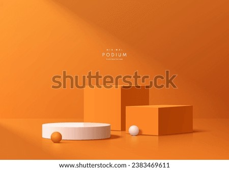 Realistic white, orange 3D cube and cylinder pedestal podium set with natural light background. Minimal wall scene for products stage showcase, promotion display. Vector geometric forms group design.