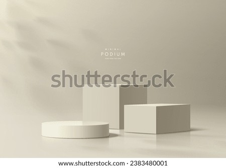 Realistic beige 3D cube and cylinder podium pedestal set with natural light background. Minimal wall scene for products stage showcase, promotion display. Platform vector geometric forms group design.