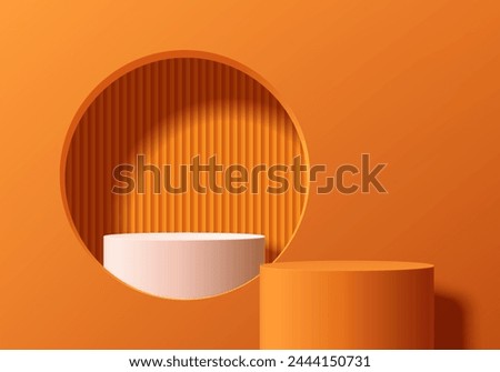 3D orange cylinder podium background with white pedestal in circle window and vertical pattern scene. Minimal mockup product stage showcase, banner promotion display. Abstract vector geometric forms.