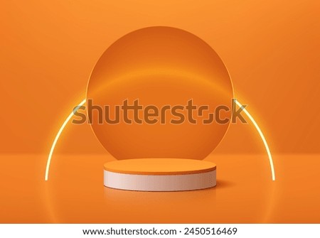 Realistic orange 3D cylinder product podium background with circle glass and curve line neon wall scene. Abstract minimal mockup display presentation, Stage showcase. Platforms vector geometric design