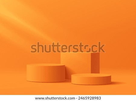 Realistic 3D orange cylindrical podium background with cube pedestal, Clean empty wall scene. Minimal mockup or abstract product display presentation, Stage showcase. Platforms vector geometric design