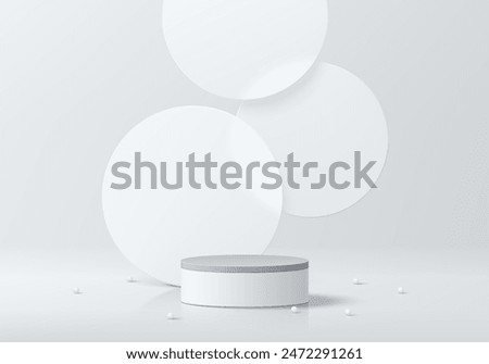 3D white cylindrical podium pedestal background with overlap circles backdrop wall scene. Minimal empty mockup abstract product display presentation, Stage showcase. Platforms vector geometric design.