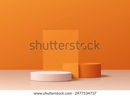 3D orange cylindrical podium background with square partition between scene. Minimalist 3D mockup pedestal, Abstract product display presentation, Stage showcase. Platforms vector geometric design.