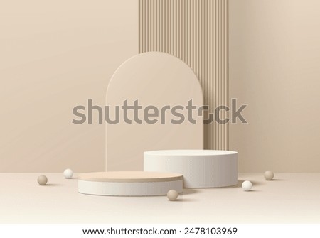 Realistic 3D beige cylindrical podium background with ball, Arch backdrop scene. Minimalist 3D mockup pedestal, Abstract product display presentation, Stage showcase. Platforms vector geometric design