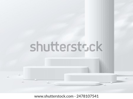 Realistic white 3D round podium background with leaf shadow, Huge pillar scene. Minimalist 3D mockup pedestal, Abstract product display presentation, Stage showcase. Platforms vector geometric design.