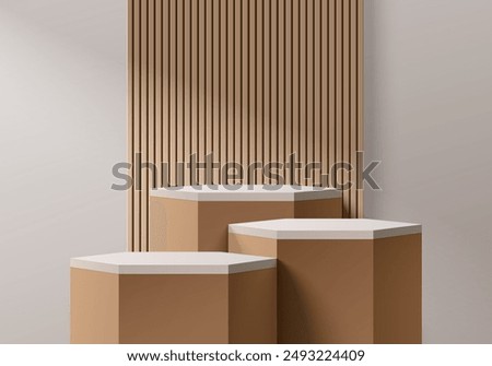 Realistic brown, gray 3D hexagon podium set with wooden slats on wall scene. Minimalist 3D mockup abstract cosmetic product display presentation, Stage for showcase. Platforms vector geometric design.