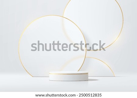 Realistic white 3D cylindrical podium background with floating overlap circles gold lines. Minimalist mockup pedestal, abstract product display presentation, Stage showcase. Platforms vector design.