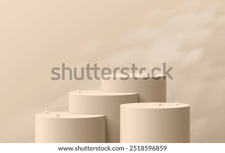 Realistic beige 3D cylindrical podium background with window lighting wall scene. Minimalist mockup pedestal, Abstract luxury product display presentation, Stage for showcase. Platforms vector design.