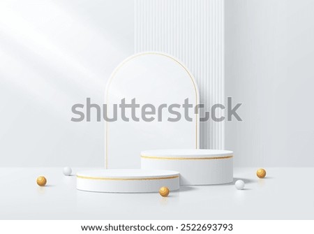 Realistic white 3D cylindrical podium background with golden ball, Arch backdrop wall scene. Minimalist mockup pedestal, Abstract product display presentation, Stage showcase. Platforms vector design.