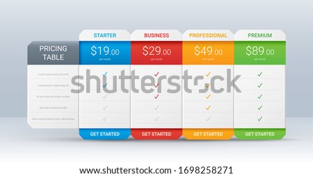 Price comparison table layout template for four products, vector illustration