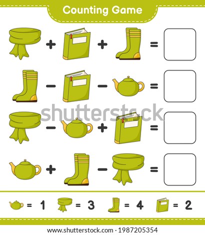 Counting game, count the number of Scarf, Book, Rubber Boots, Tea Pot and write the result. Educational children game, printable worksheet, vector illustration