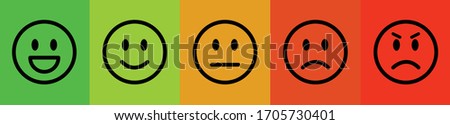 Vector horizontal mood tracker icon set of emotions from angry to happy. Faces with five emotions: dissatisfied, sad, indifferent, glad, satisfied. Element of UI design for estimating client service.