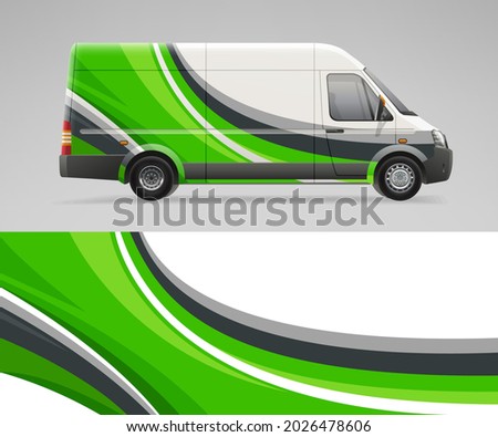 Vector Van wrap decal with  branding corporate identity design. Abstract graphic of green stripes Wrap, livery and decal for services car. Realistic Delivery Van mockup