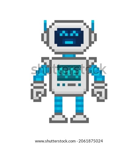 Pixel art 8-bit cartoon robot boy icon in retro style isolated vector illustration. Cute robot assistant character for mascot design. Retro game design