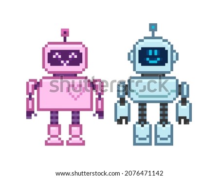 Pixel art cartoon robots boy and girl in retro 8 bit style isolated vector illustration. Cute pink and blue robots mascots characters set. Retro game superhero characters design