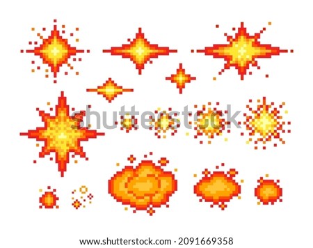 Pixel art cosmic Explosion vector set with cartoon flashes and sparks isolated on white. 8-bit burst animation for retro video game design	
