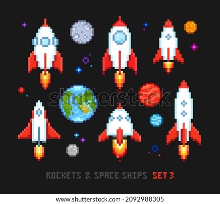 Pixel art Rockets and Spaceships with planets isolated vector icon set. Cartoon spaceship shuttle design in cosmic space for retro 8 bit video game. Pixel cosmos	