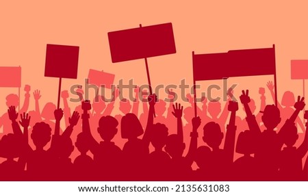 Politics Protest and revolution. No WAR. Silhouette of riot Mass protest crowd demonstrators with banners and flags. Manifestation crowds people with raised hands and banners or. Vector illustration