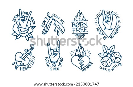 Rockabilly Tattoo designs with phrases and quots. Old school tattoo stickers collection in Rock n Roll style. Trendy Tattoo Rock style sticker and badge designs  
