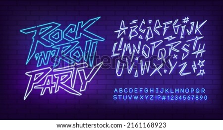 Rock Party Neon Light sign with type font - editable vector template. Neon tube letters design for Rock music, Light sign. Neon font. Rock Party cyberpunk style lettering design Stock foto © 