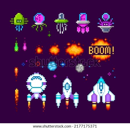 Pixel Art arcade game elements and icons. Pixel Ufo aliens, space ships, rockets, explosion animation. 8-bit computer game in 80s -90s style. Retro video game sprites. Space arcade. Vector template