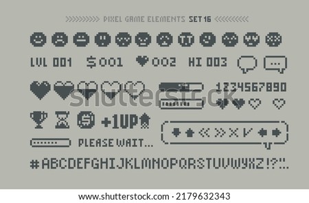 Pixel Art 8 bit arcade game elements with icons and font alphabet. Pixel health scale, downloading, game menu elements . 80s - 90s style 8-bit computer game. Retro video game sprites. Vector template