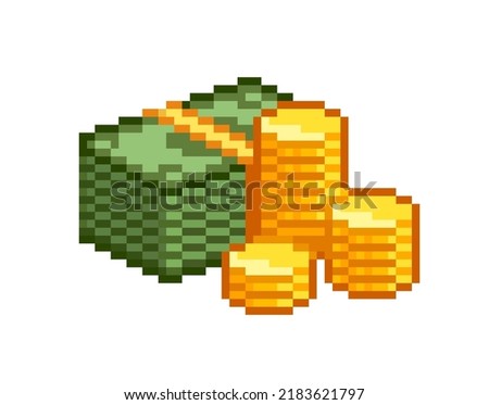 Pixel Art Cash Money and stack of coins vector icon. Pixel golden coins stack of banknotes, cash money. Pixel game icons  in retro 80s - 90s style. Vector illustration