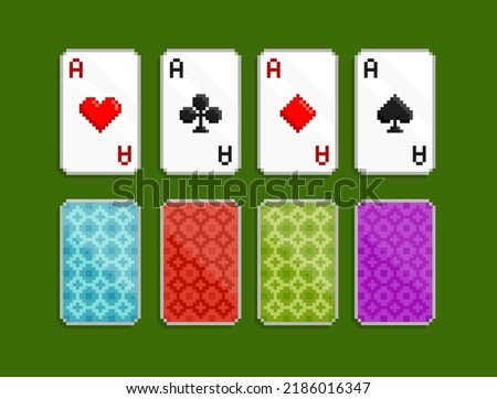 Pixel Art Playing cards with ace suits on green background. Pixel playing cards. Design for logo, sticker, app. 8-bit Poker video game assets sprites
