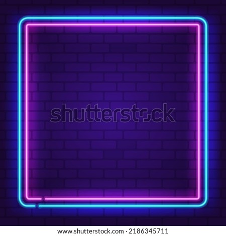 Square neon frame Pink and Blue colors at purple brick wall background. Glowing neon frame in retro 80s - 90s style. Colored neon sign with empty space. Editable Vector
