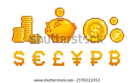 Pixel Art golden Piggy Bank with coins icons. World currency pixel icon set. Save money. Financial investment or the concept of saving money. Isolated vector illustration in retro 8-bit game style