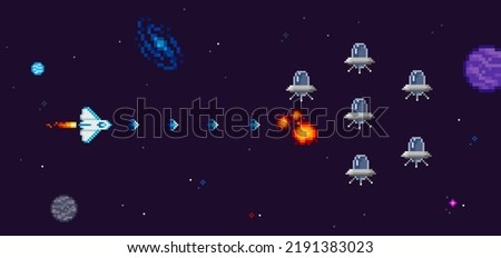 8-bit retro video game scene in pixel art style. Space battle with spaceship vs UFO for 8 bit computer game. Pixelated Space arcade elements template. Editable vector illustration