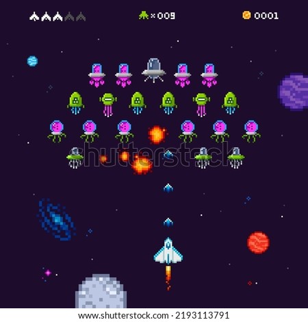Retro 8-bit computer game space arcade in Pixel Art style. Pixelated Space battle scene design. Editable pixel game elements. Vector template