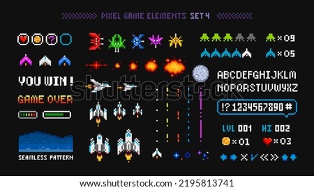 Space Arcade game interface elements with Pixel Art icons, Planets, Ufo aliens, space ships, rockets. Vintage 8-bit computer game in 80s -90s style. Retro video game sprites. Vector template