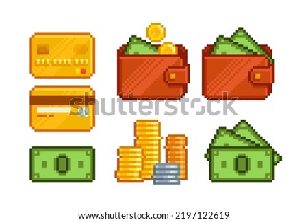Pixel Art Game Cash Money icons set. Pixel Wallet with banknotes and Golden Credit Card. Payment icons. Editable vector 