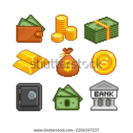 Pixel Art Cash Money icons set for business and finance. Retro game design. Pixel wallet . Golden coins, Gold bars. Pixel Bank icon. Money icons in retro video computer game style