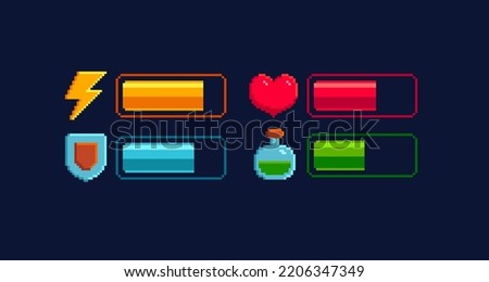 8-bit Pixel art load scale icon set. Health and Battery charge bar. Energy, Armor, Health and Mana icon set in retro game style. Retro video game or app interface elements