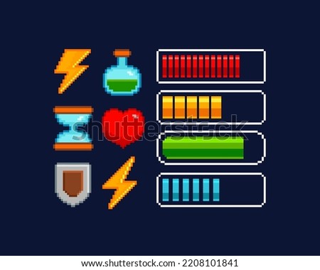 Pixel art Energy load scale icon. Health and Battery charge bar. Energy, Mana, Armor, Health and Time icon set in 8-bit retro game style. Retro pixel game or app interface elements