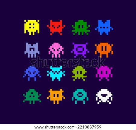 Funny Pixel Monsters vector collection. Abstrcat colorful flat monsters icons in 8-bit retro pixel game style. Pixel game assets. Vintage video game elements for print fabric and backdrop design