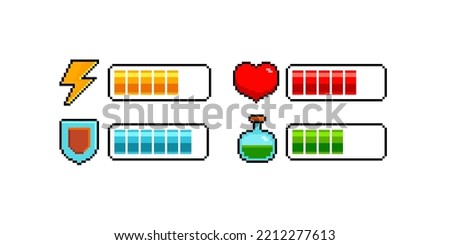8-bit pixel load scale icon set for retro game design. Pixel heart, potion, shield, flash icon. Isolated vector illustration