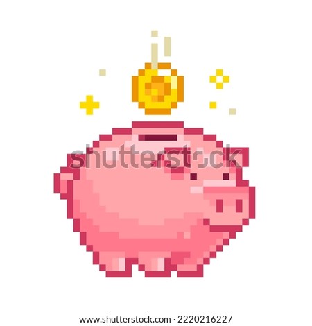 Pixel Art Piggy Bank icon in retro video game style - editable vector
