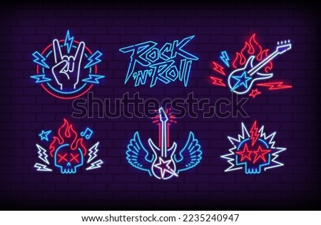 Neon Rock'n'Roll vintage sign set. Rock Neon lamp light singboard. Electro Punk Rock Glowing signboard. Punk symbols with Glowing Neon Lights 