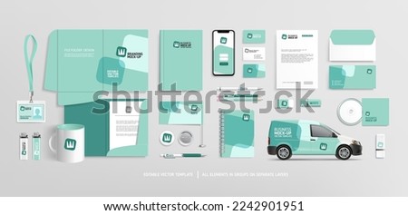 Stationery Brand Identity Mock-Up set with blue and white abstract design. Business stationary mockup template of File folder, annual report cover, van car, brochure, mug. Editable vector
