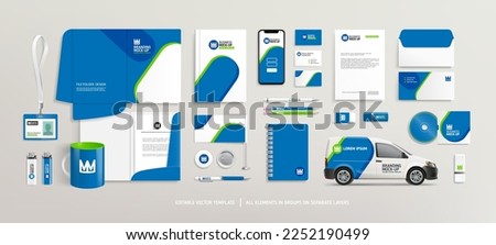 Brand Identity Mock-Up of stationery set. Business office stationary mockup of File folder, annual report. Business brochure cover. Company Car. Advertising promo elements. Editable vector template