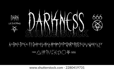 Dark Lettering type font template. Trendy Punk Rock and Darkness Rock'n'Roll with Scary occult pictograms and elements. Scary scratched font type in grunge style for prints and posters design