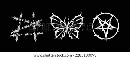Gothic Punk Y2k prints vector collection. Dark Metal or Punk Rock Gothic prints and tattoo designs of barbed wire, demon butterfly, inverted star pictogram of the devil. Screen printing template