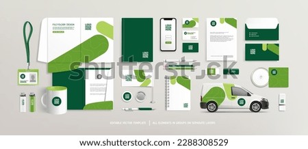 Brand Identity concept of stationery Mock-Up set with green and white abstract geometric design. Branding stationery mockup template of File folder, annual report, van car, brochure. Editable vector