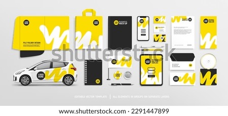 Stationery Mock-Up set with Brand Identity concept of Yellow abstract design. Branding stationery mockup template of File folder, flyer, banner, promotional van car, brochure. Editable vector