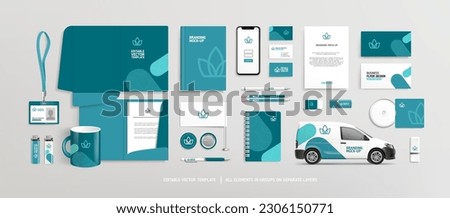 Brand Identity of stationery Mock-Up set with blue crown logo and abstract geometric design. Branding stationery mockup template of File folder, annual report, van car, brochure. Editable vector